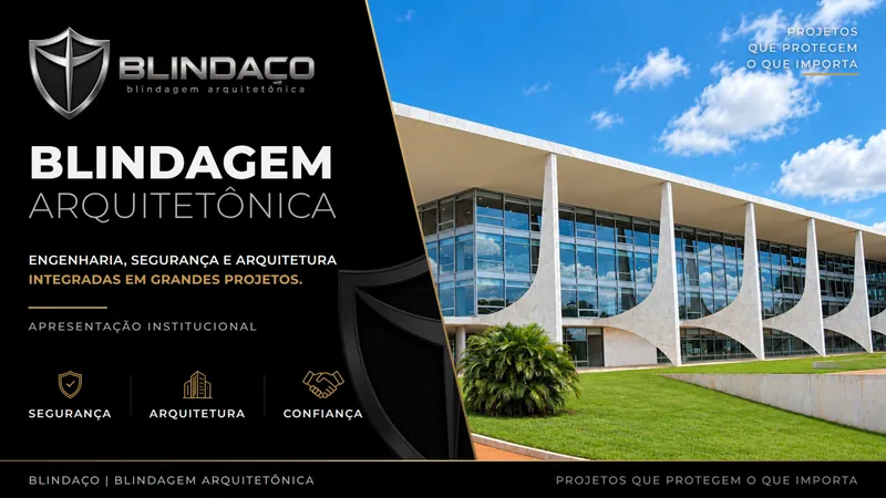 Capa da apresentação da Blindaço: logo em escudo metálico e o título Blindagem Arquitetônica ao lado da foto de um palácio modernista.